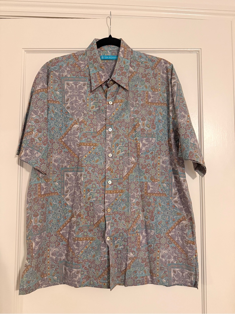Tori Richard Short-Sleeve Paisley Camp Shirt in Teal and Brown